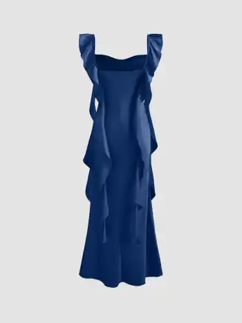 Satin Cowl Neck Solid Ruffle Hem Maxi Dress