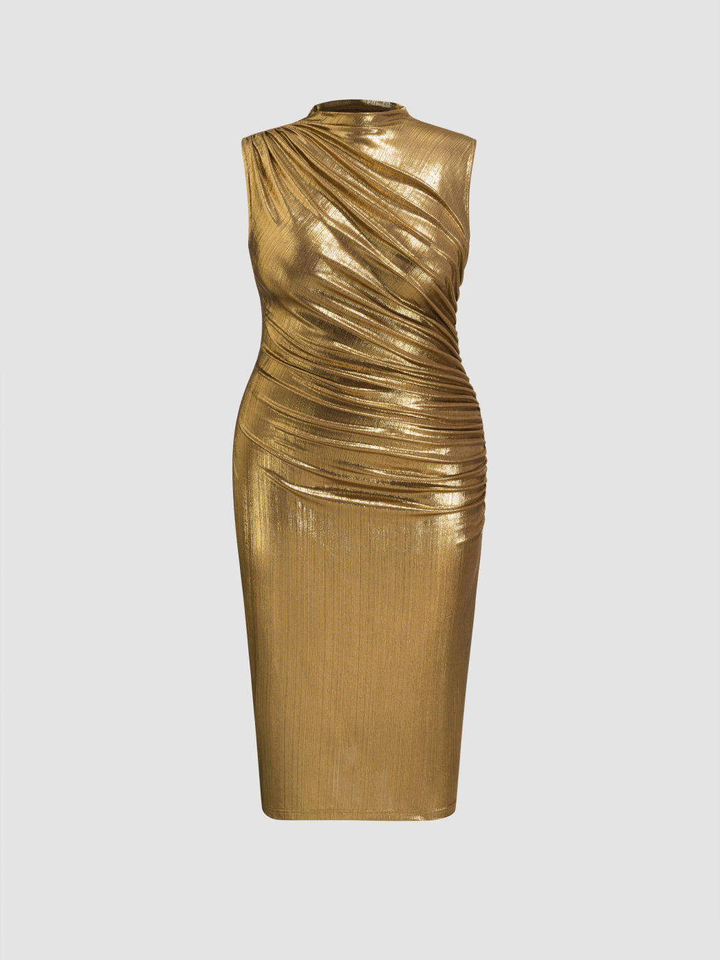 Metallic Stand Collar Solid Ruched Midi Dress Curve & Plus