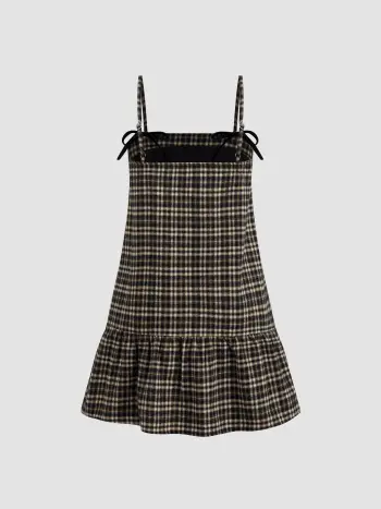 Square Neck Check Ruffle Bowknot Babydoll Mini Dress