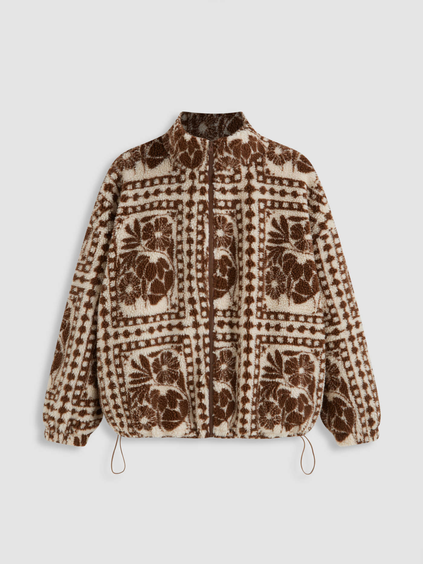 Fleece Stand Collar Abstract Drawstring Pocket Oversized Jacket Curve & Plus