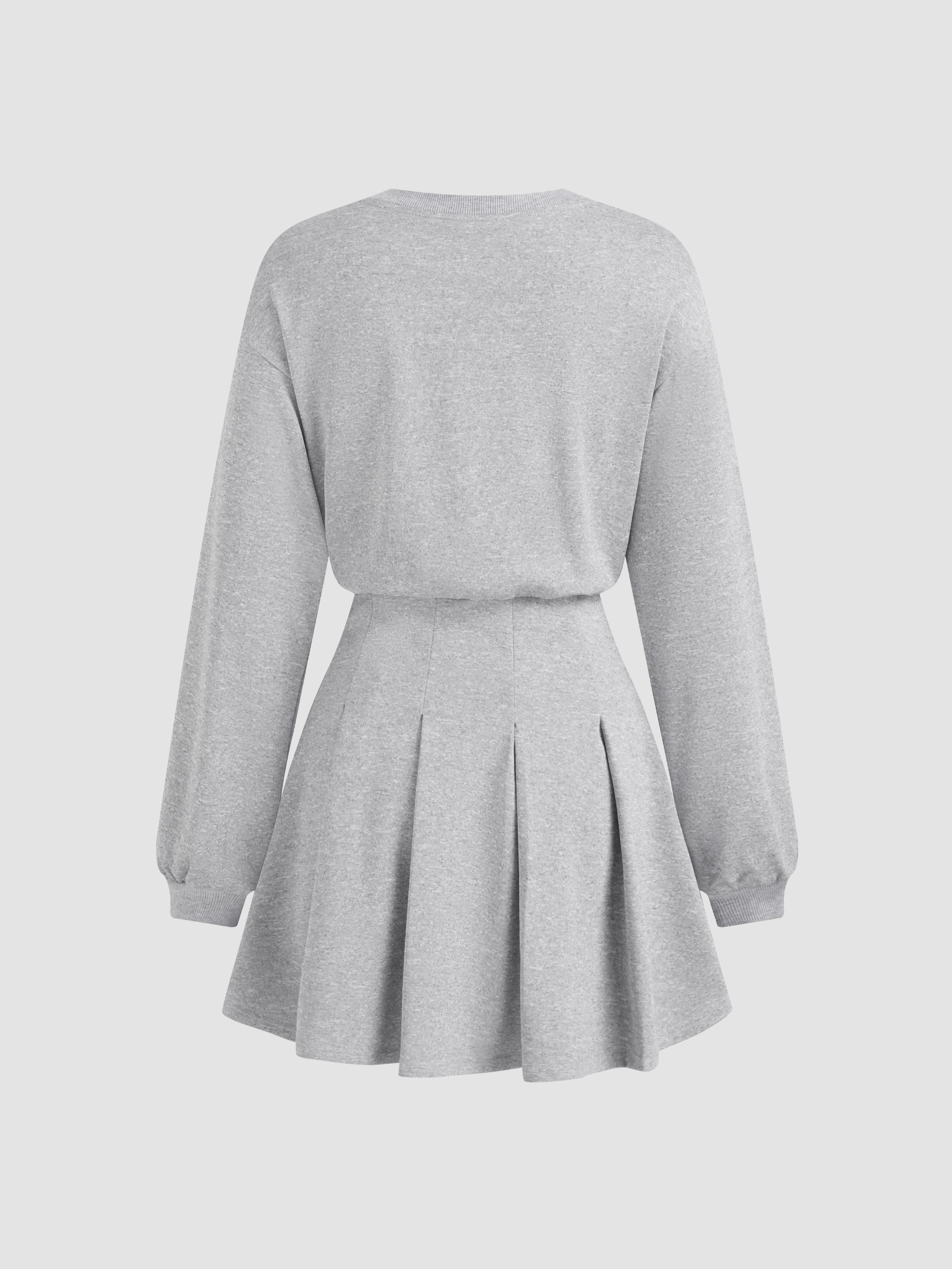 Knit Fabric Round Neckline Pleated Long Sleeve Mini Dress