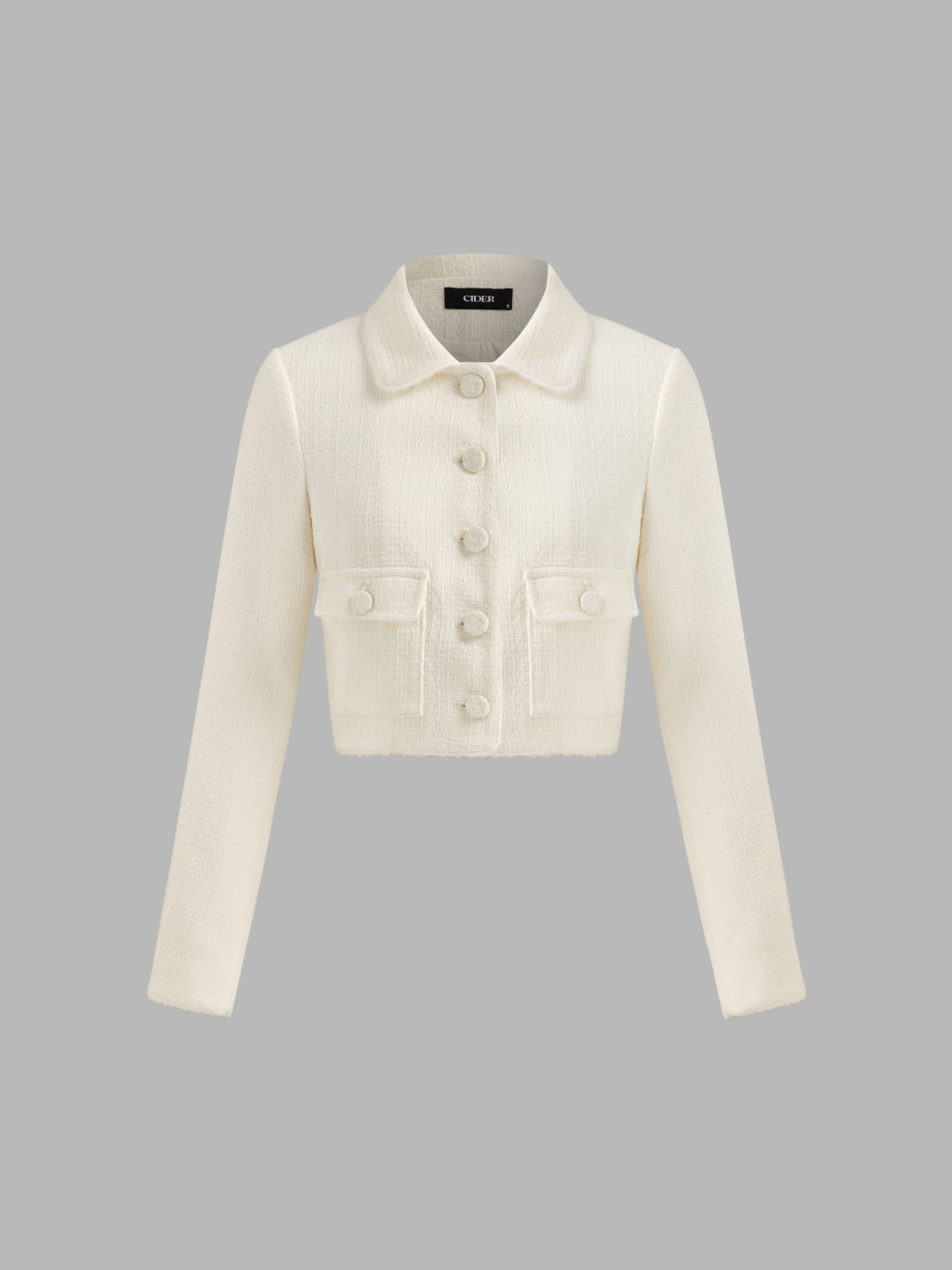Tweed Collar Solid Button Pocket Crop Jacket