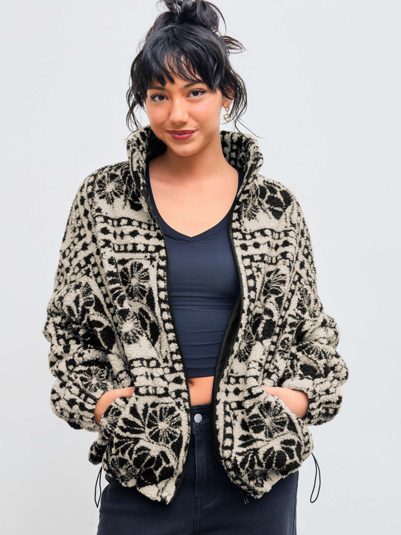 Fleece Stand Collar Abstract Drawstring Oversized Jacket