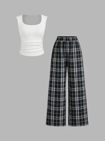Set aus Bauchtanktop aus Baumwollmischung mit Rüschen und Taschenhosen in Tartanmuster mit Mittelbund