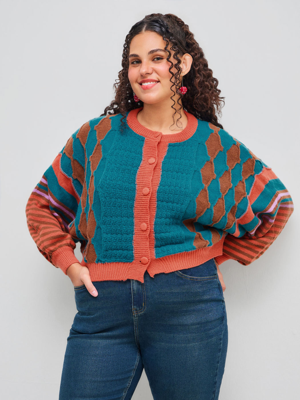 Strick Rund Gestreift Geometrisch Cardigan Kurve & Plus