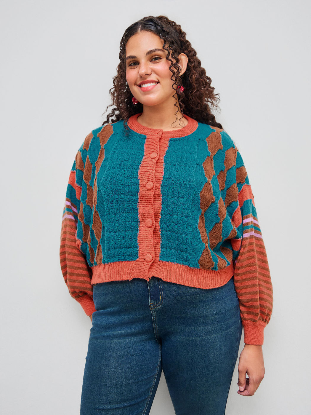 Strick Rund Gestreift Geometrisch Cardigan Kurve & Plus