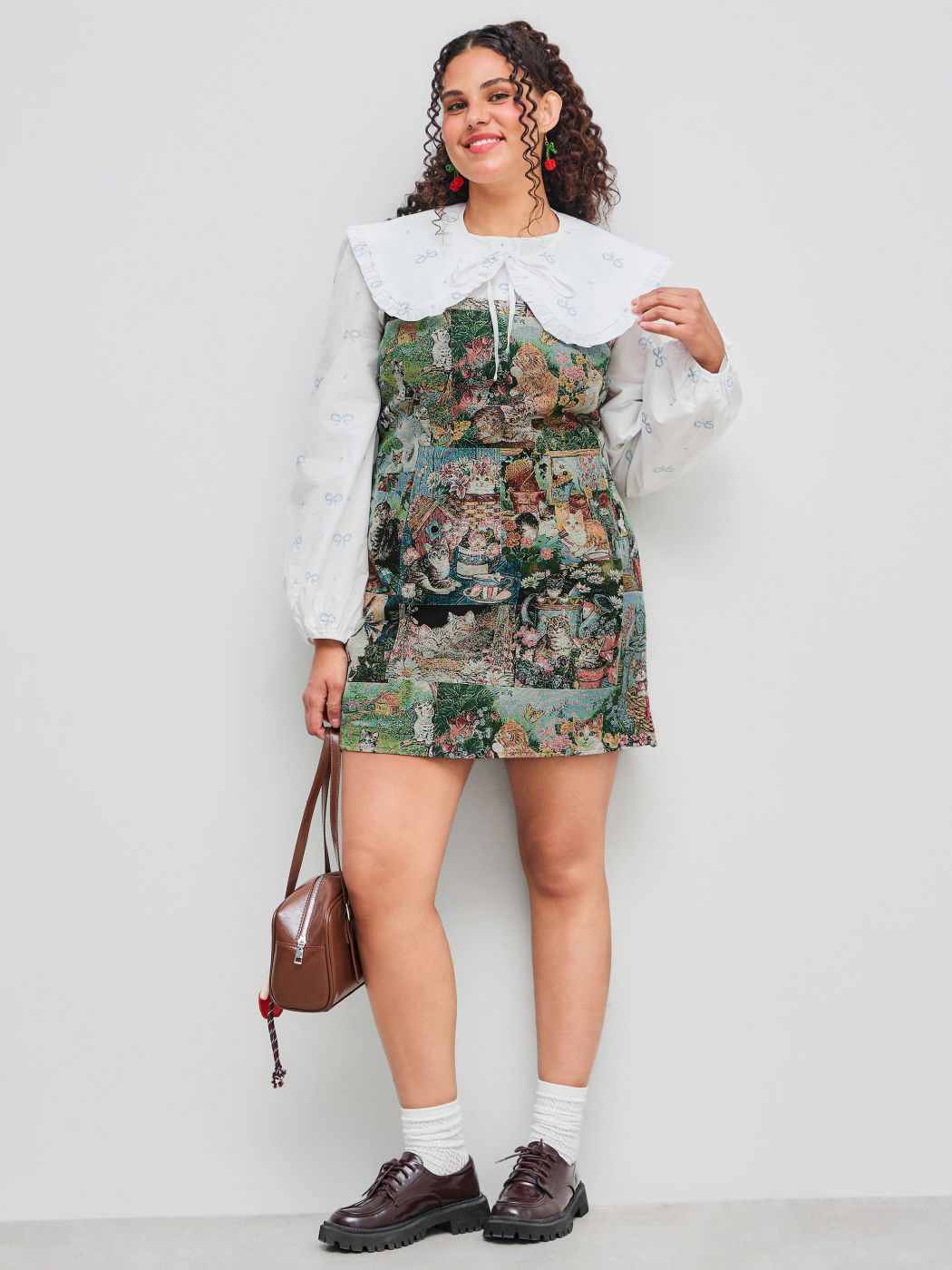 Jacquard Square Neck Kitty & Floral Zipper Mini Dress Curve & Plus