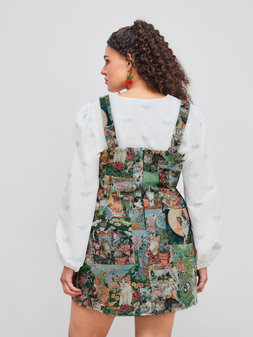 Jacquard Square Neck Kitty & Floral Zipper Mini Dress Curve & Plus