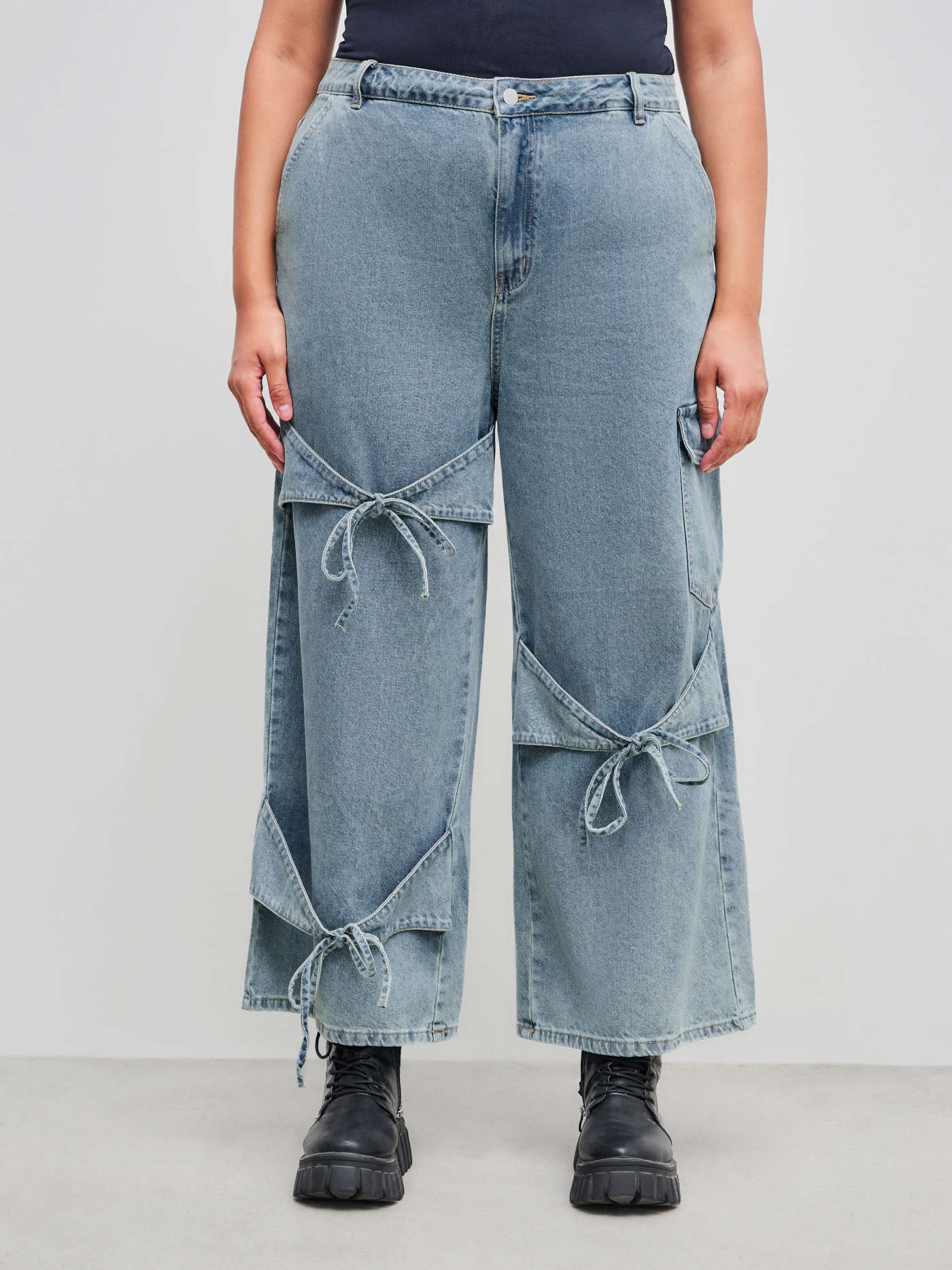 Cider Denim Mid Rise Solid Bowknot Pocket Wide Leg Jeans Curve & Plus