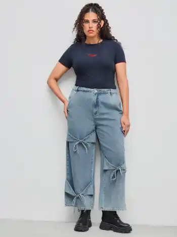 Cider Denim Mid Rise Solid Bowknot Pocket Jeans a gamba larga Curve & Plus