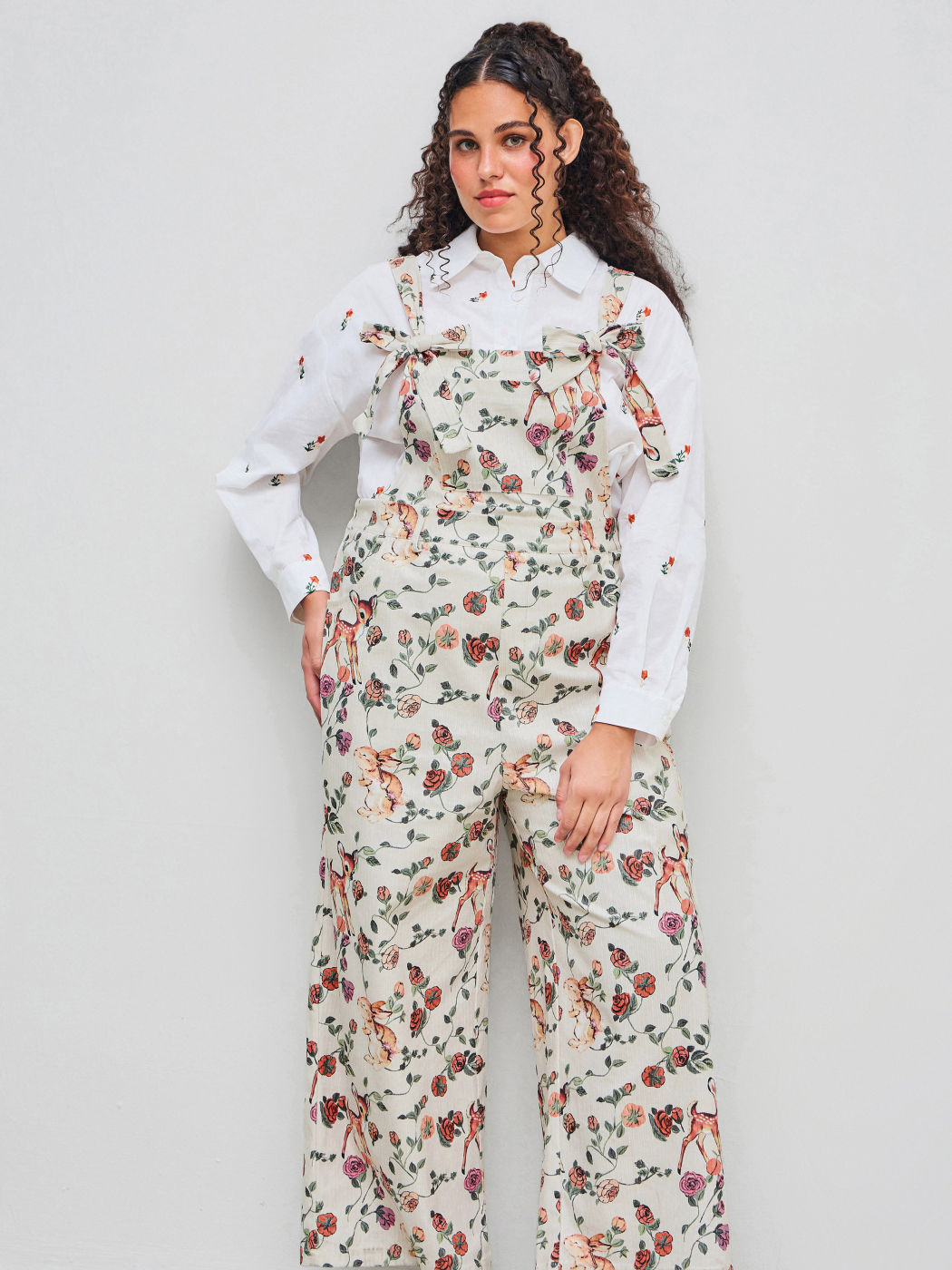 Corduroy Square Neck Floral Deer Knotted Pocket Jumpsuit Curve & Plus