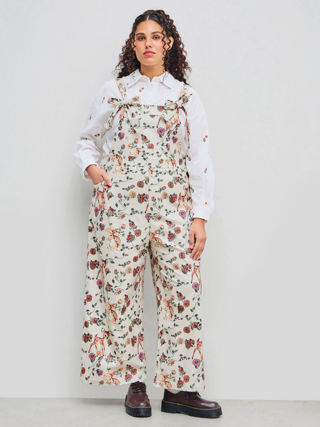 Corduroy Square Neck Floral Deer Knotted Pocket Jumpsuit Curve & Plus