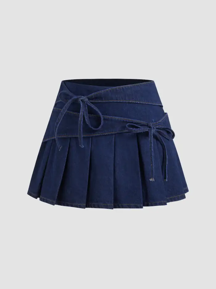 denim denim skirt Denim Denim Mid Rise Bowknot Pleated Micro Mini
