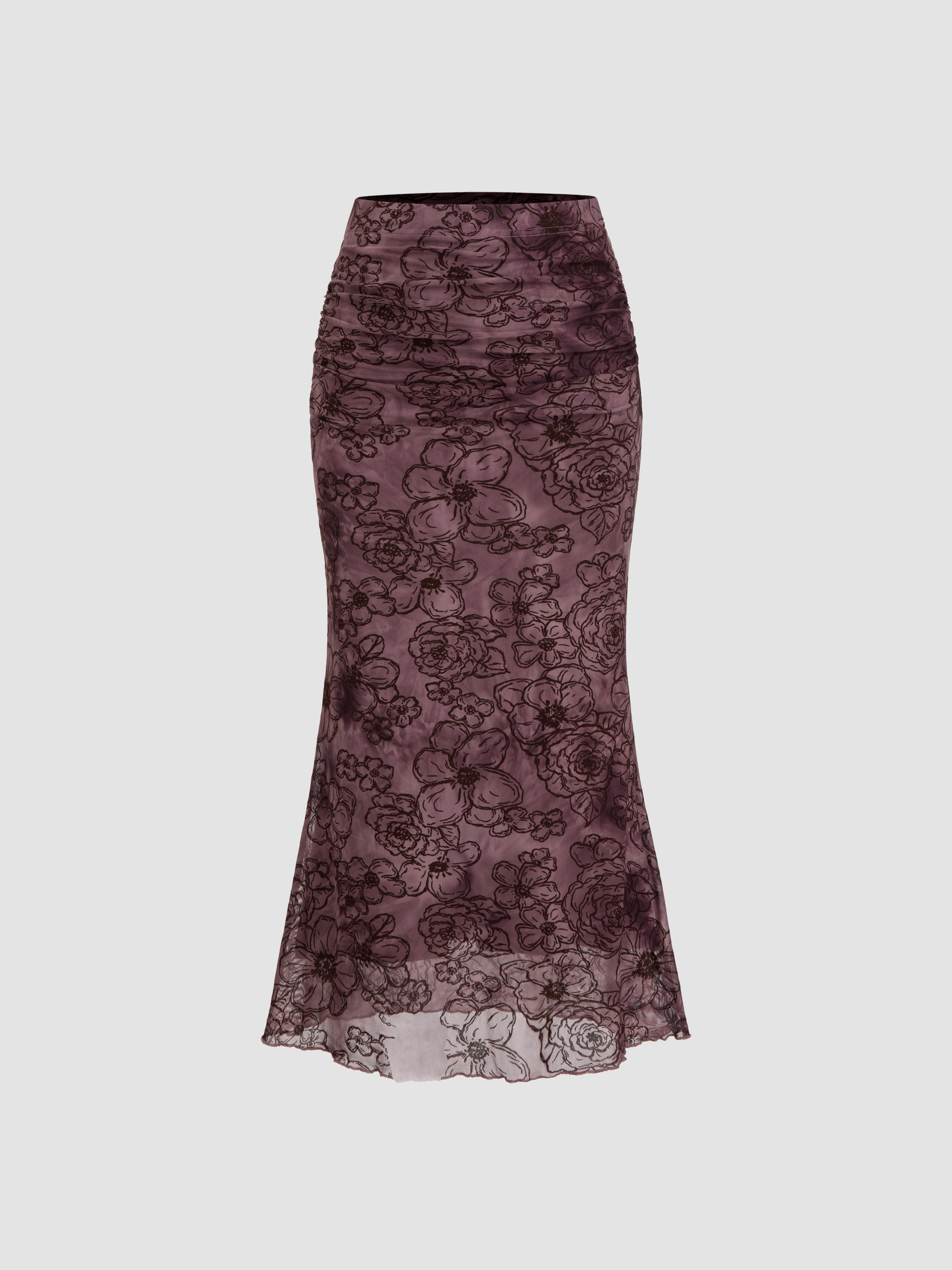 ◆2000Archives◆ RUCHED MAXI SKIRT FLOWER 2A24HSSK01PK Knit Fabric Mid Rise Floral Ruched Maxi Mermaid Skirt For