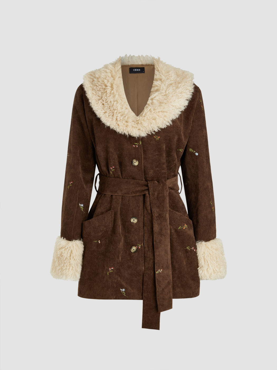 Corduroy V-neck Floral Embroidery Shearling Jacket With Belt