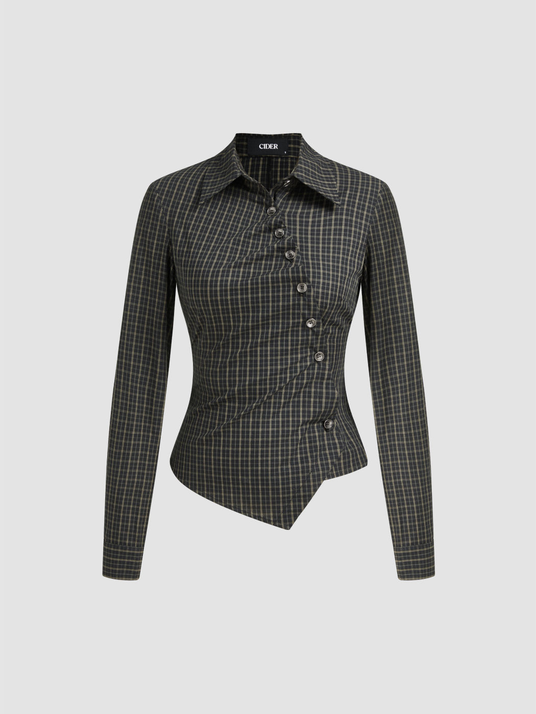 100% Cotton Collar Check Asymmetrical Wrap Blouse