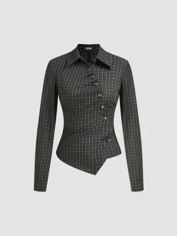 100% Cotton Collar Check Asymmetrical Wrap Blouse