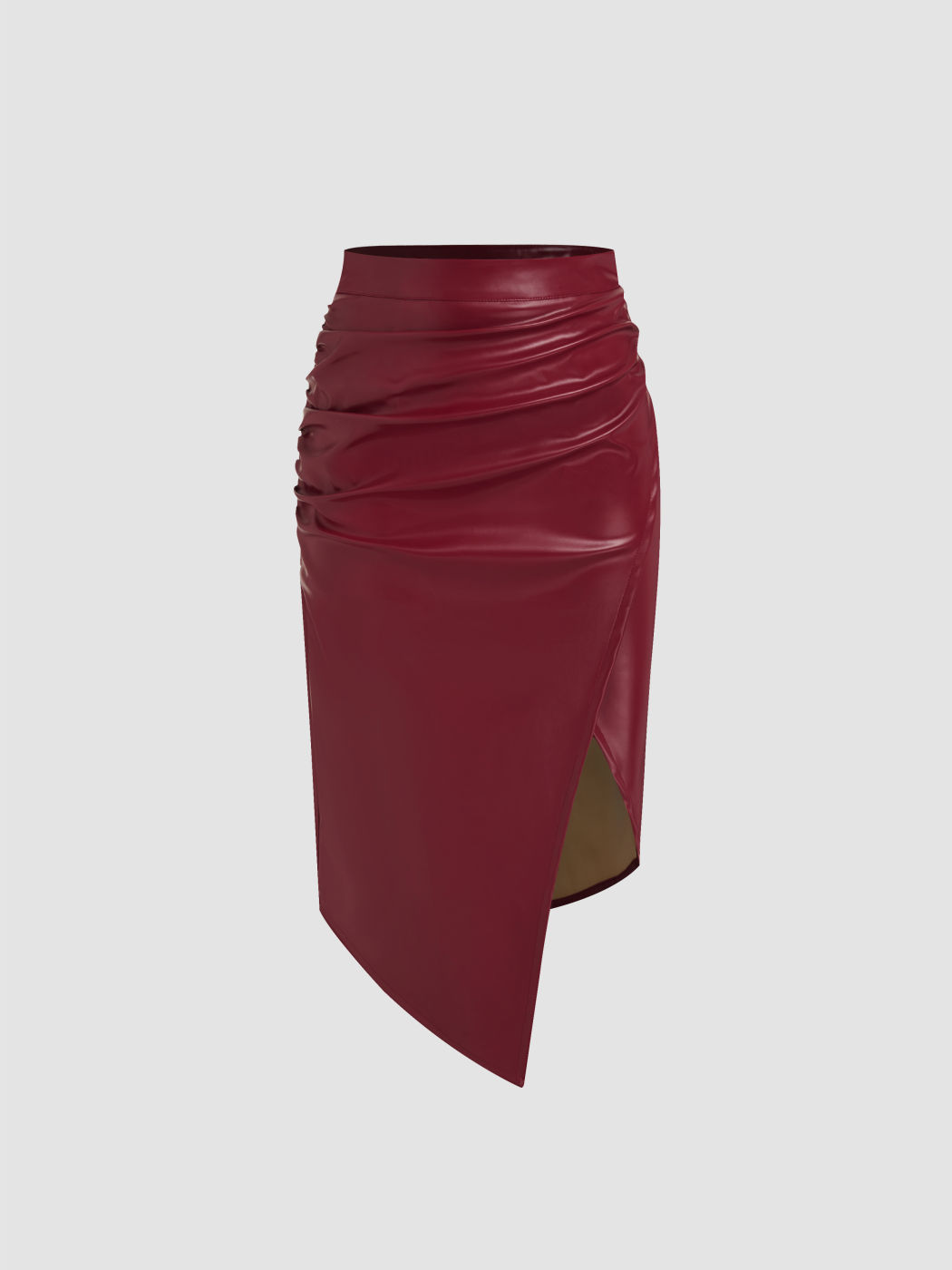 Faux Leather Mid Rise Solid Ruched Split Midi Skirt