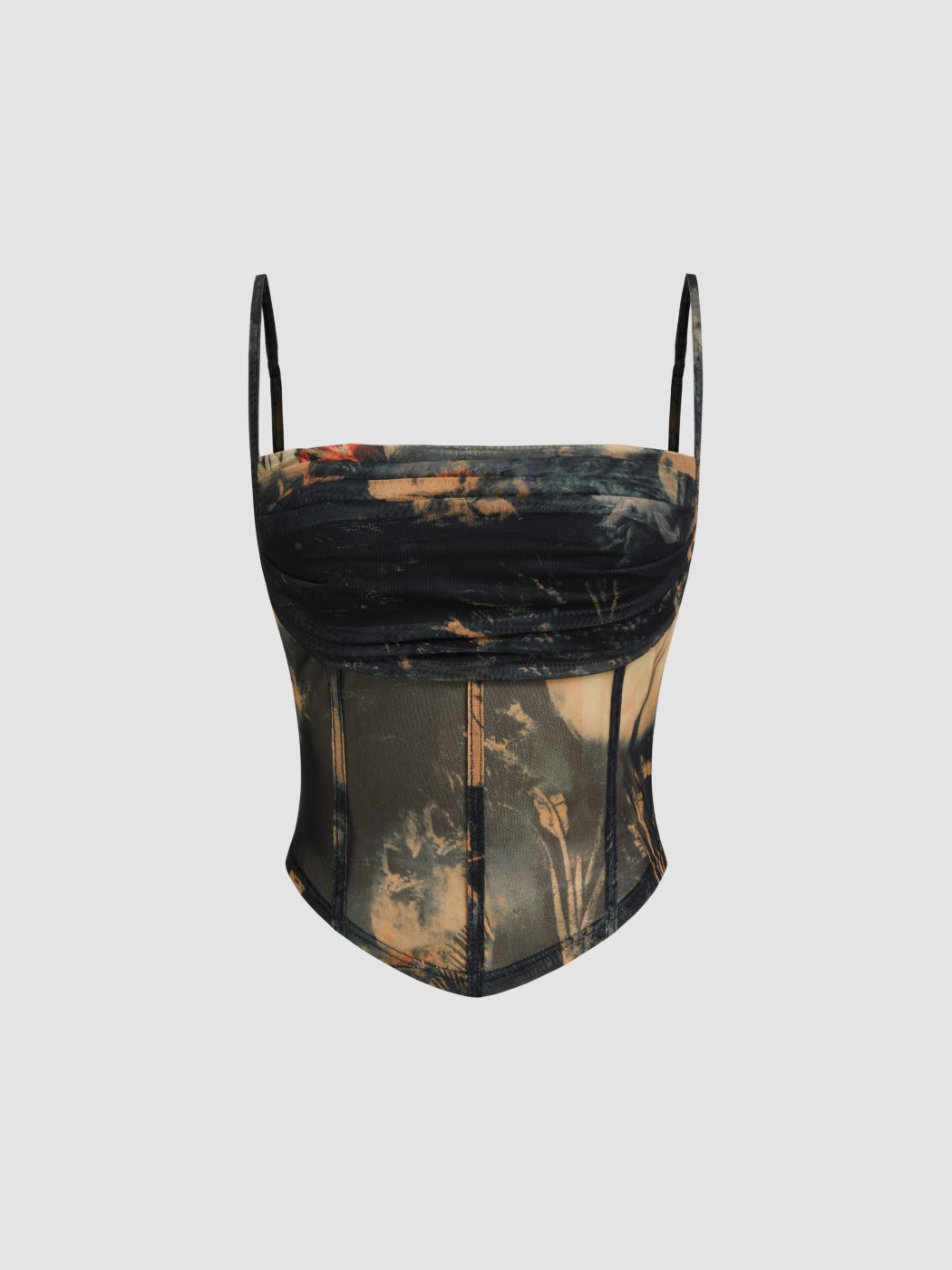Mesh Abstract Ruched Corset Crop Cami Top