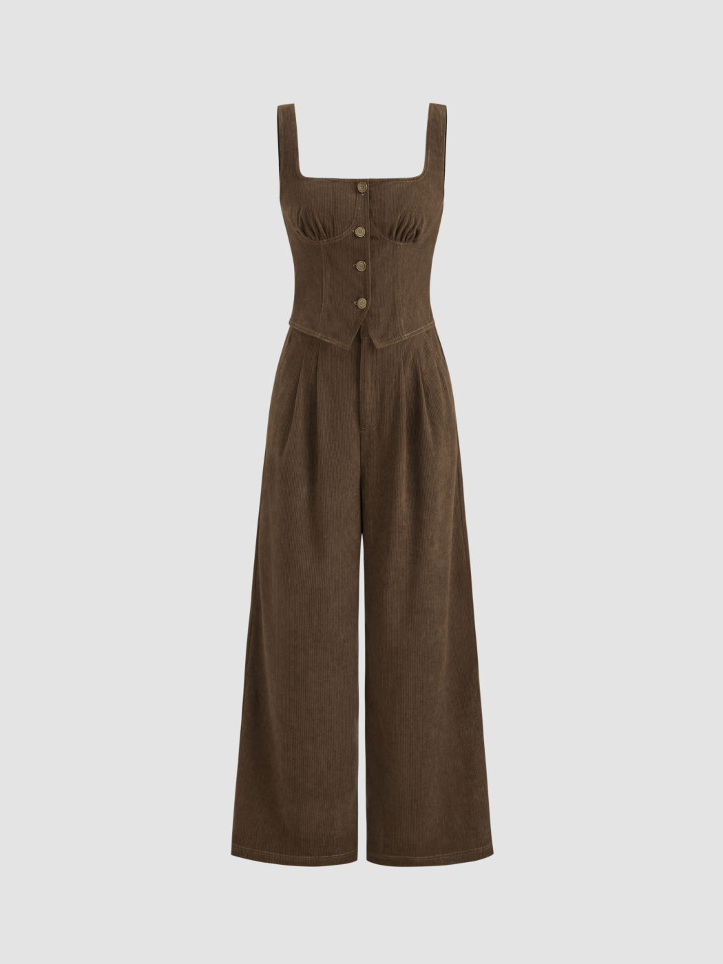 Corduroy Square Neck Solid Button Wide Leg Jumpsuit