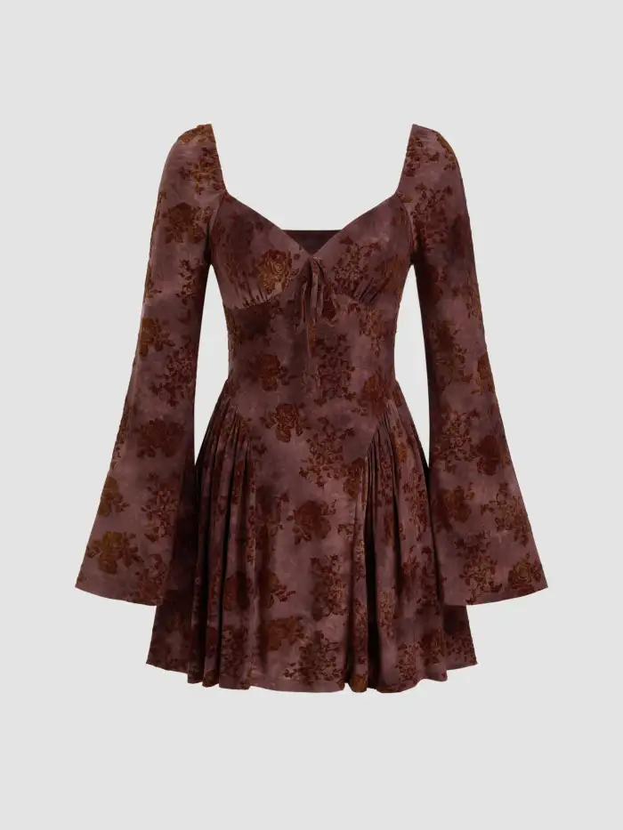 Woven Sweetheart Floral Ruffle Knotted Mini Dress For Music Festival/Live  House Party/Clubbing Vacation