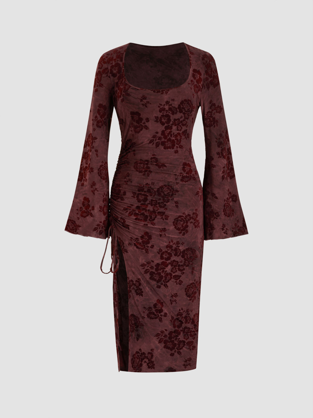 Vestito midi con scollo rotondo e coulisse floreale