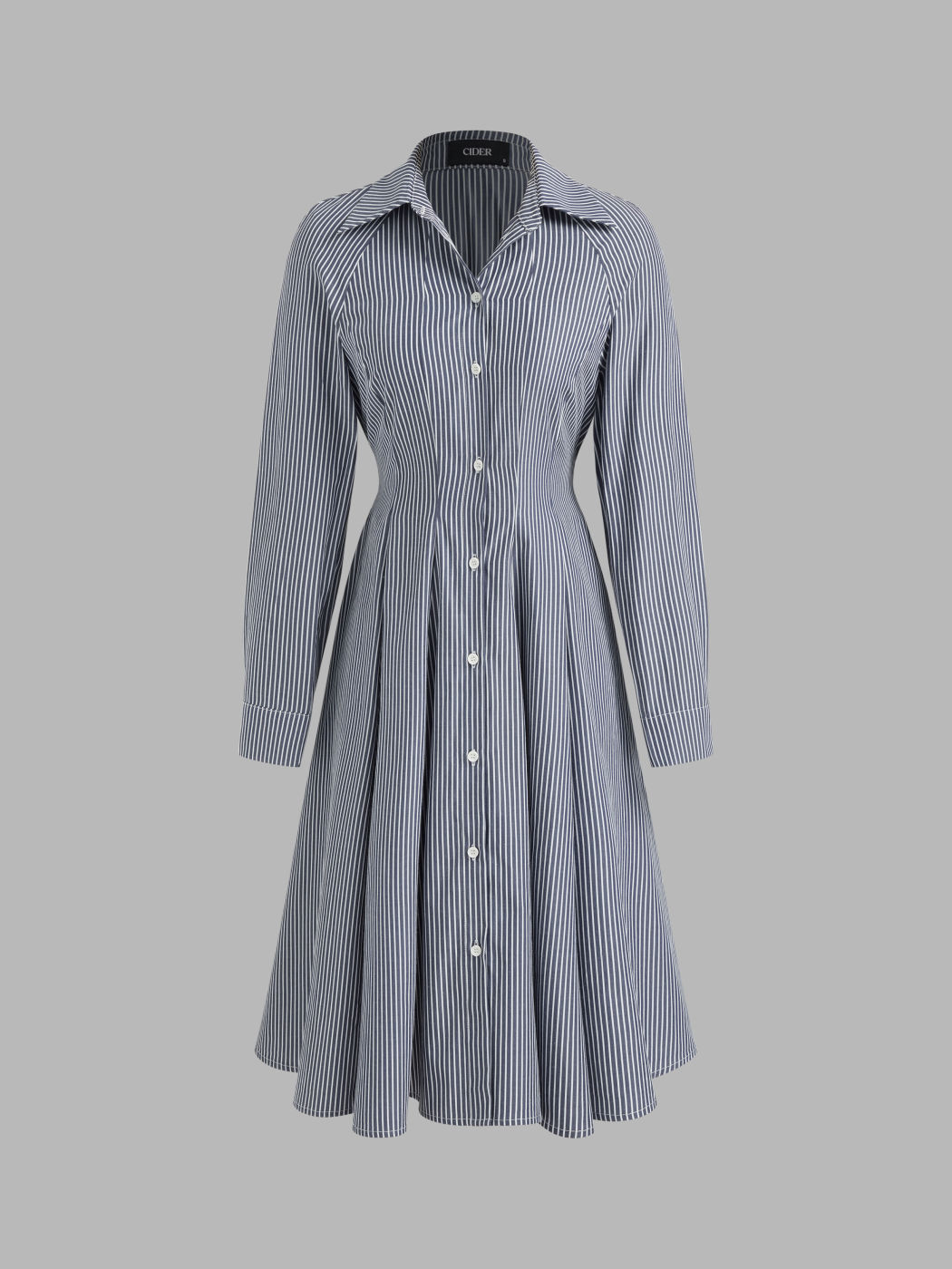 Cotton-blend Collar Striped Shirred Raglan Sleeve Midi Dress