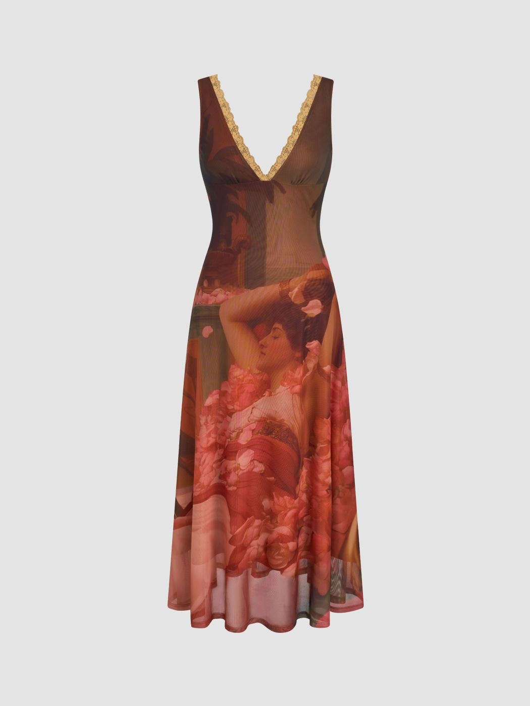 Mesh Deep V-neck Figure Oil Painting Maxi Dress