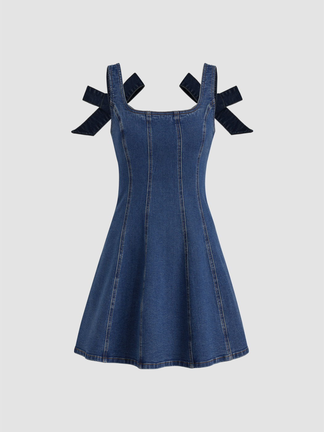 Stretch Denim Solid Bowknot Mini Dress