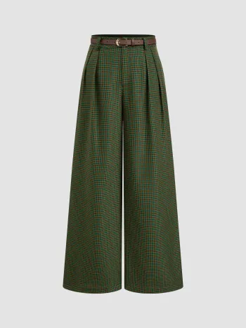 Mid Rise Hahnentritt Tasche Weite Hose mit Gürtel