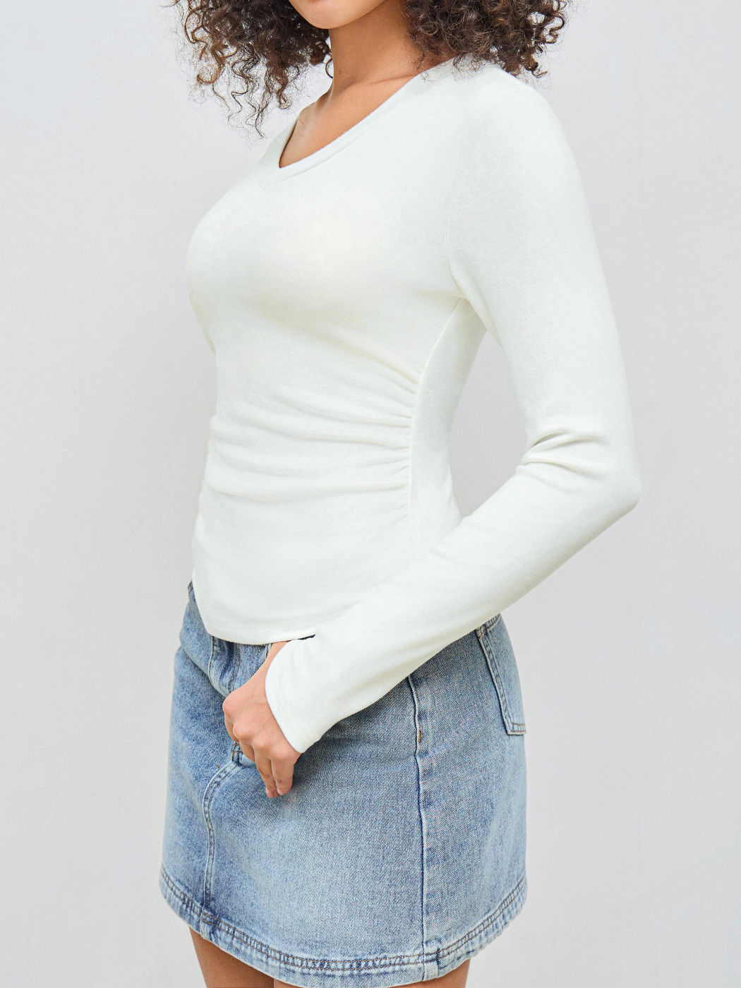 Thermal Cotton-blend V-neck Solid Ruched Long Sleeve Tee