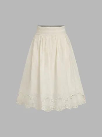 100% Baumwolle Mittelhohe Florale Salatrand-Midi-Skirt