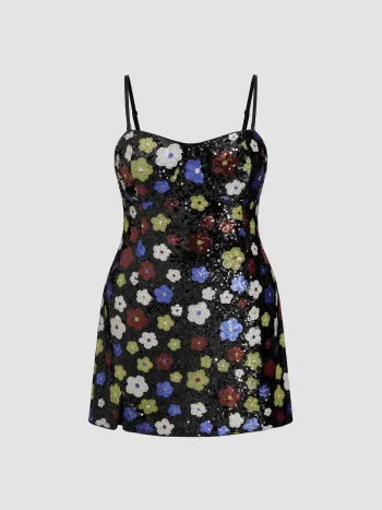 Paillettes Cuore Floreale Spaccato Mini Abito Curve & Plus
