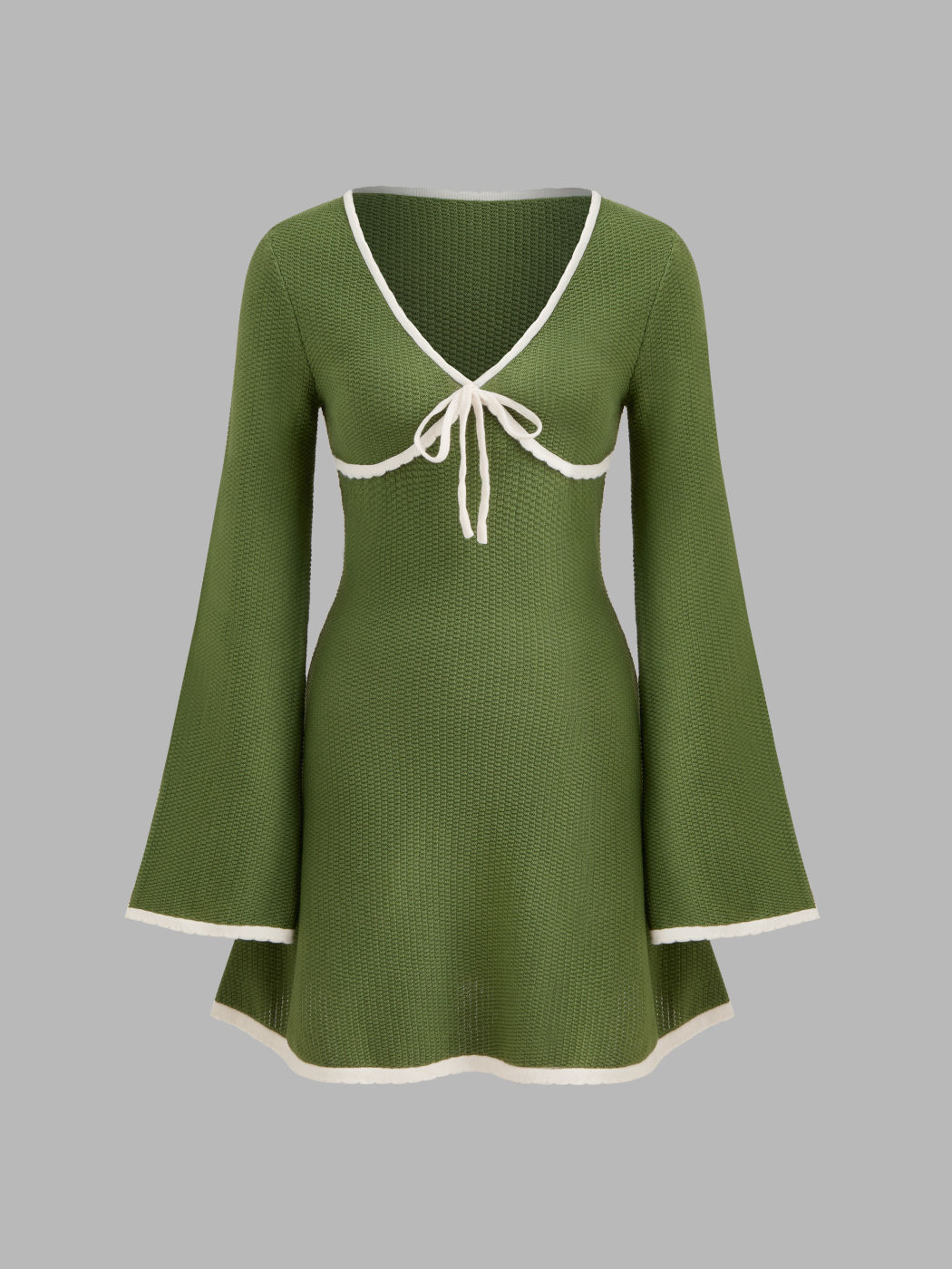 Knit V-neck Contrasting Binding Knotted Mini Dress