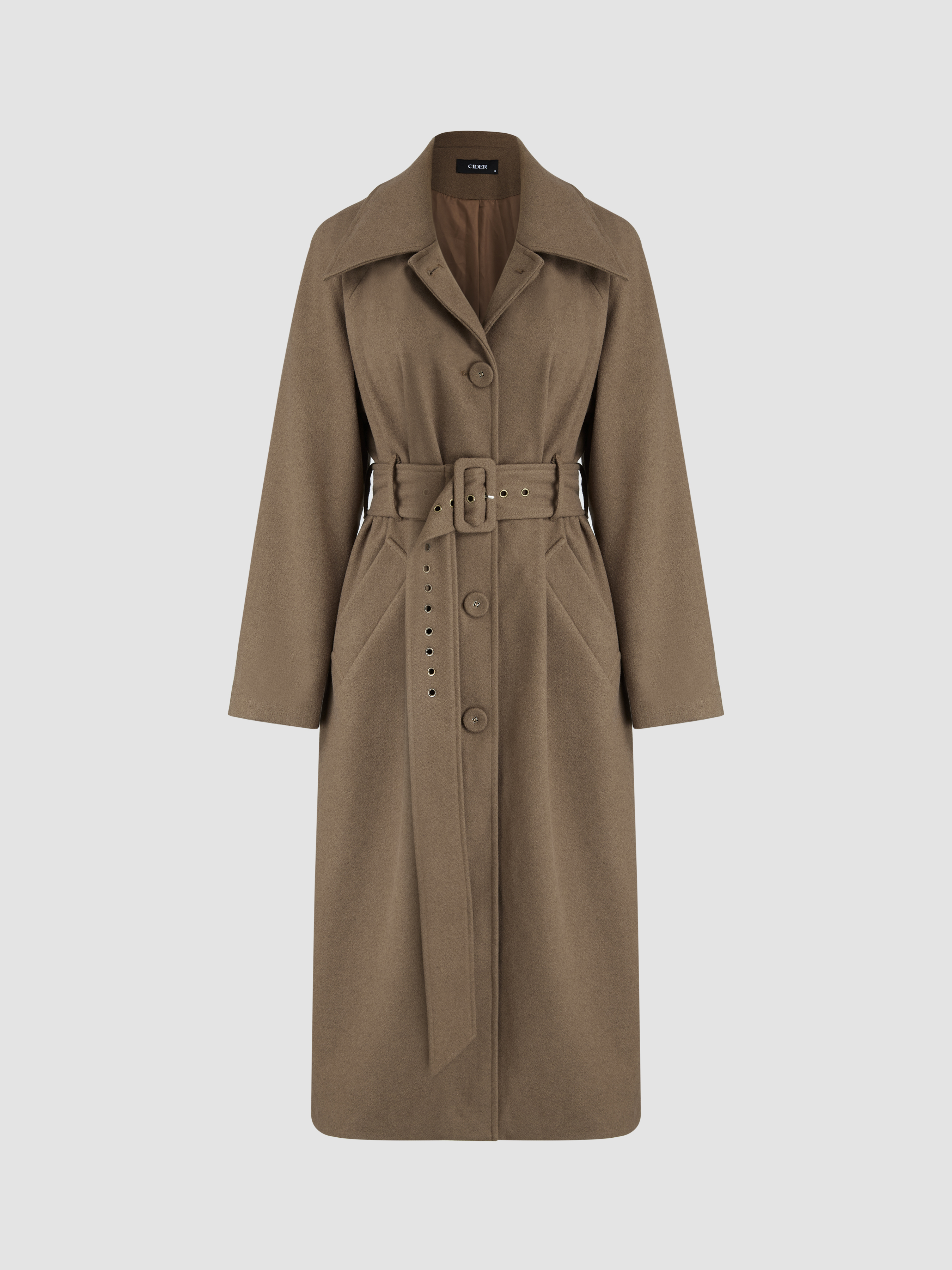 Woven Collar Pocket Trench Coat With Belt For Daily Casual