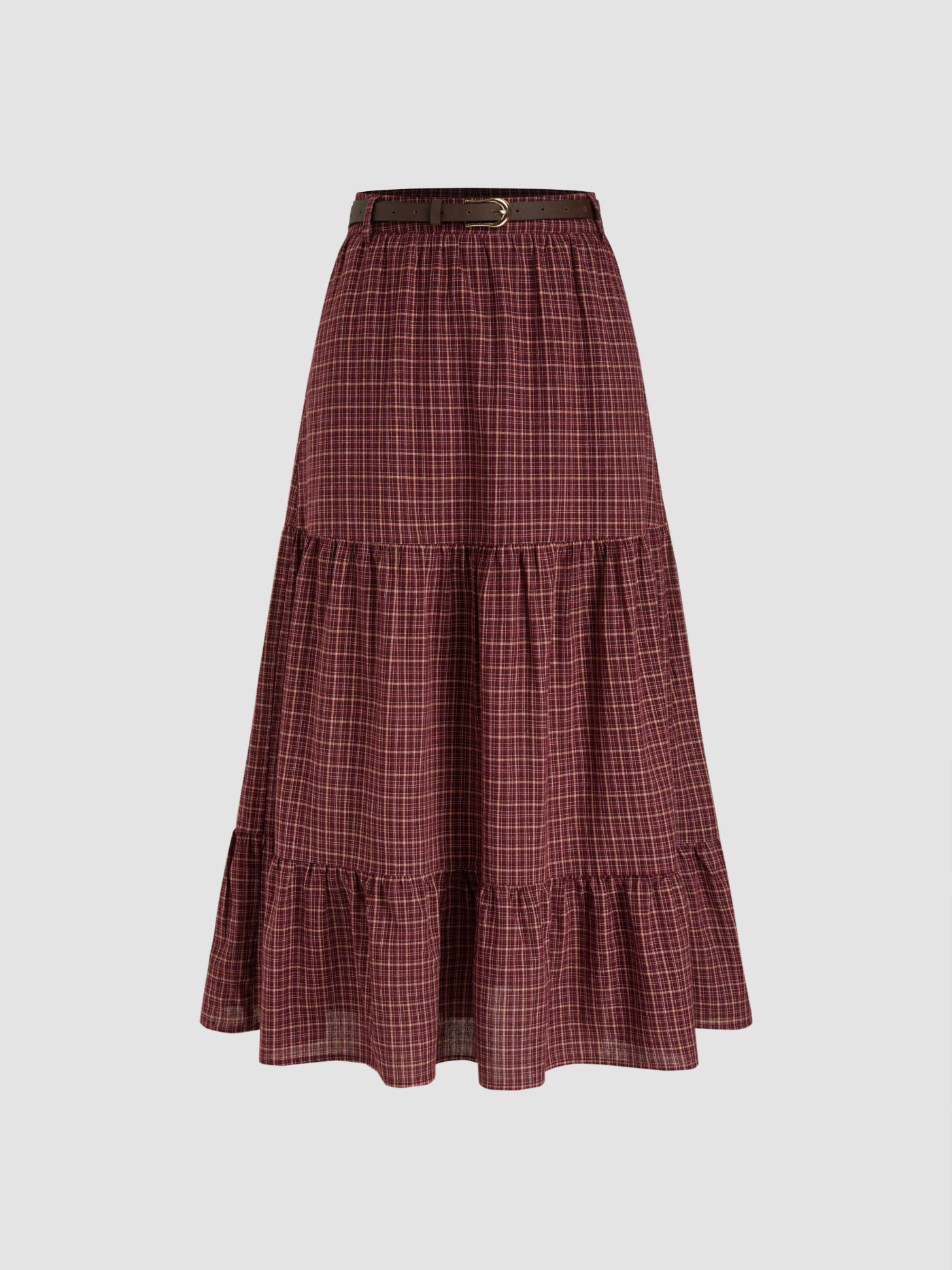 Mid Rise Tartan Maxi Skirt With Belt