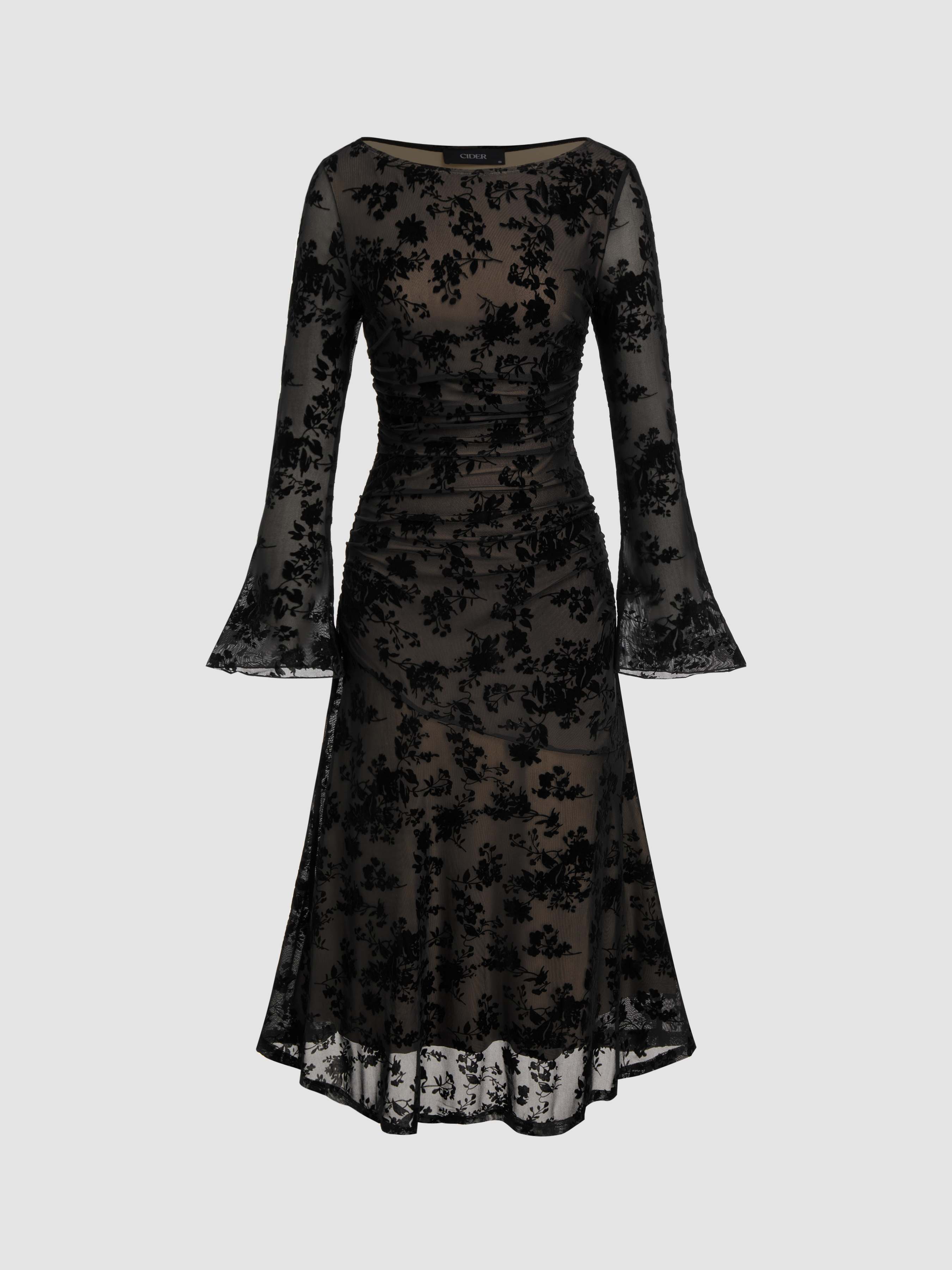 Mesh Boat Neck Floral Ruched Long Sleeve Maxi Dress