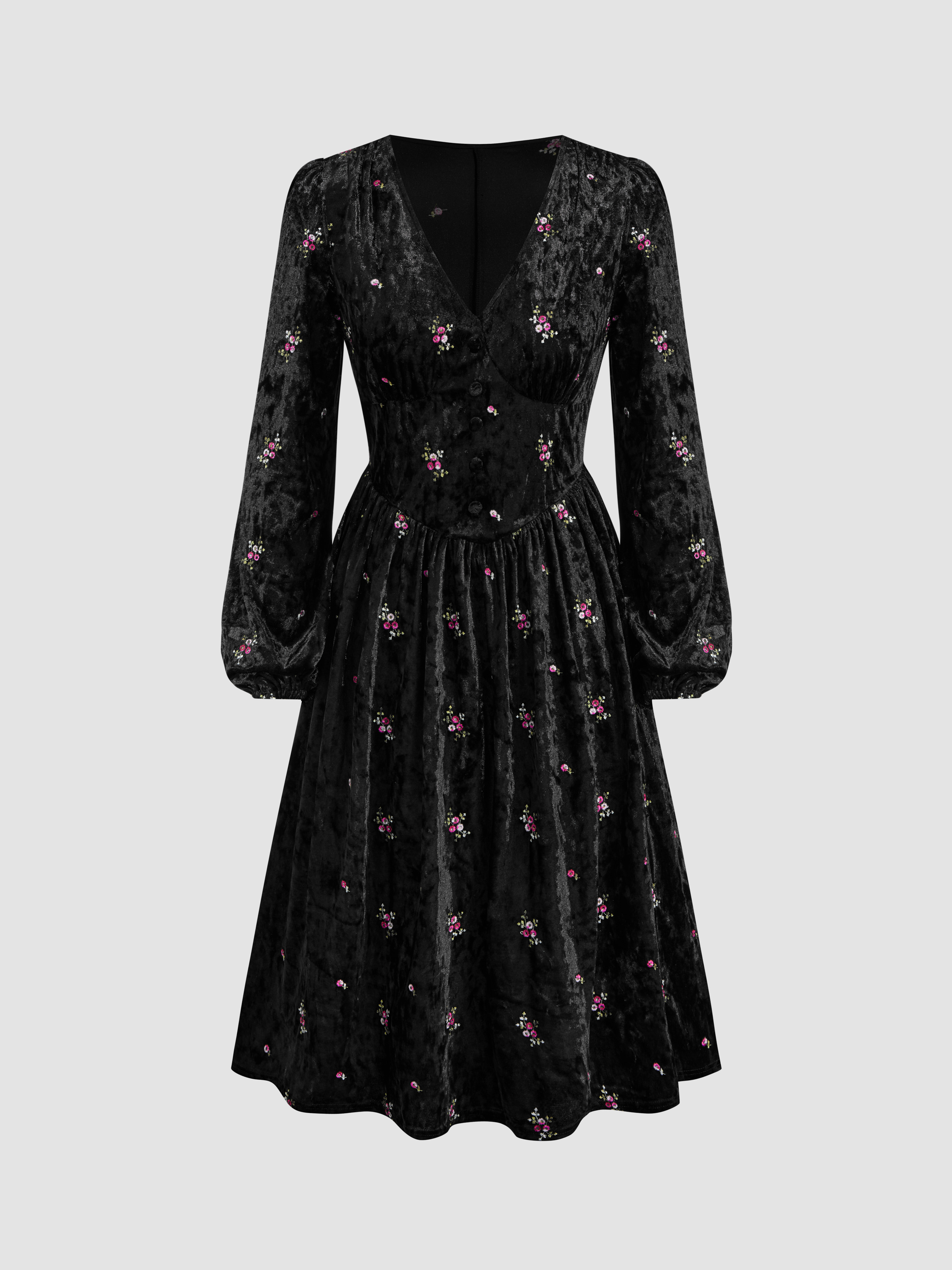 Velvet V-neck Floral Embroidery Midi Dress With Scarf