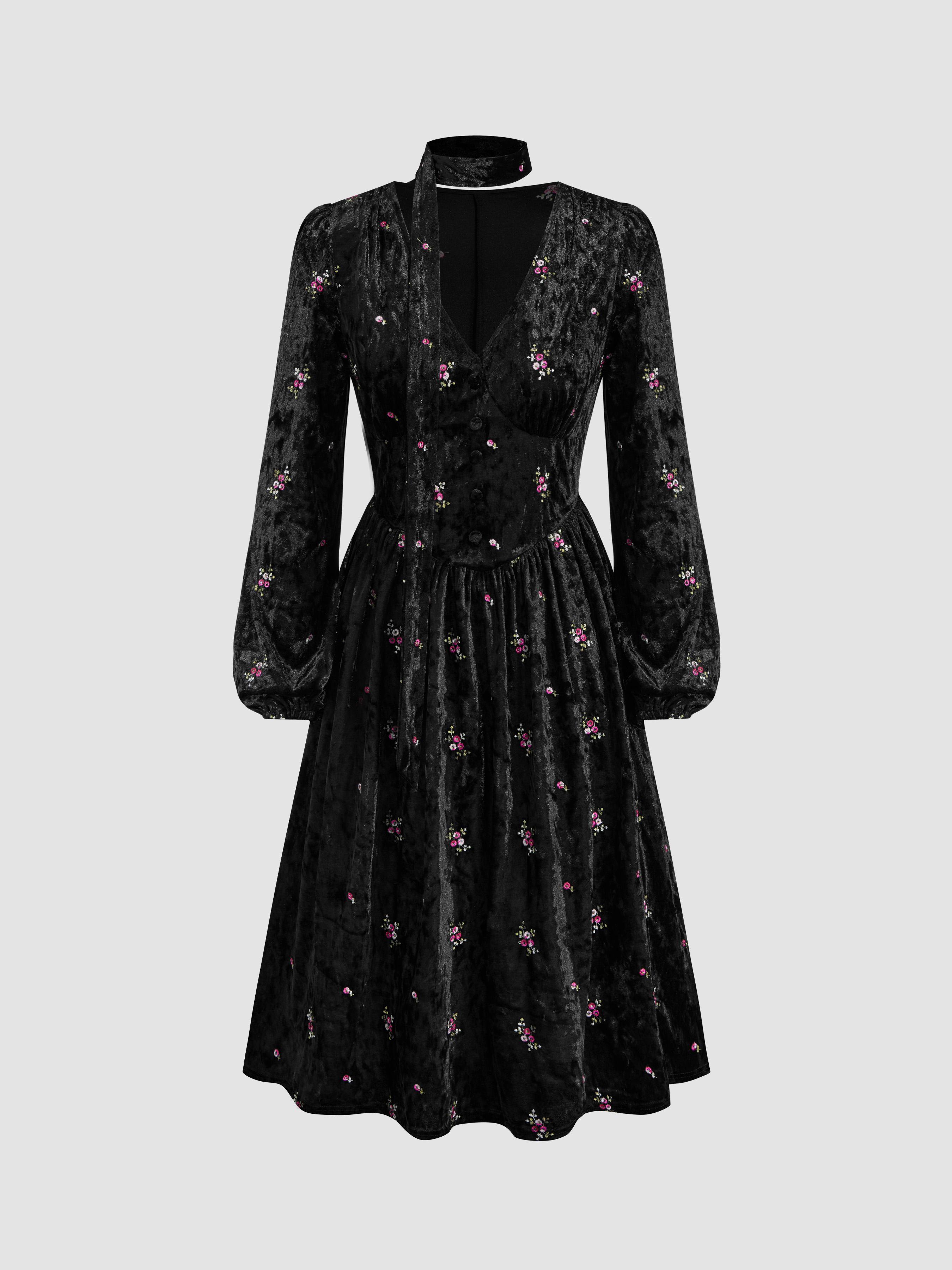 Velvet V-neck Floral Embroidery Midi Dress With Scarf