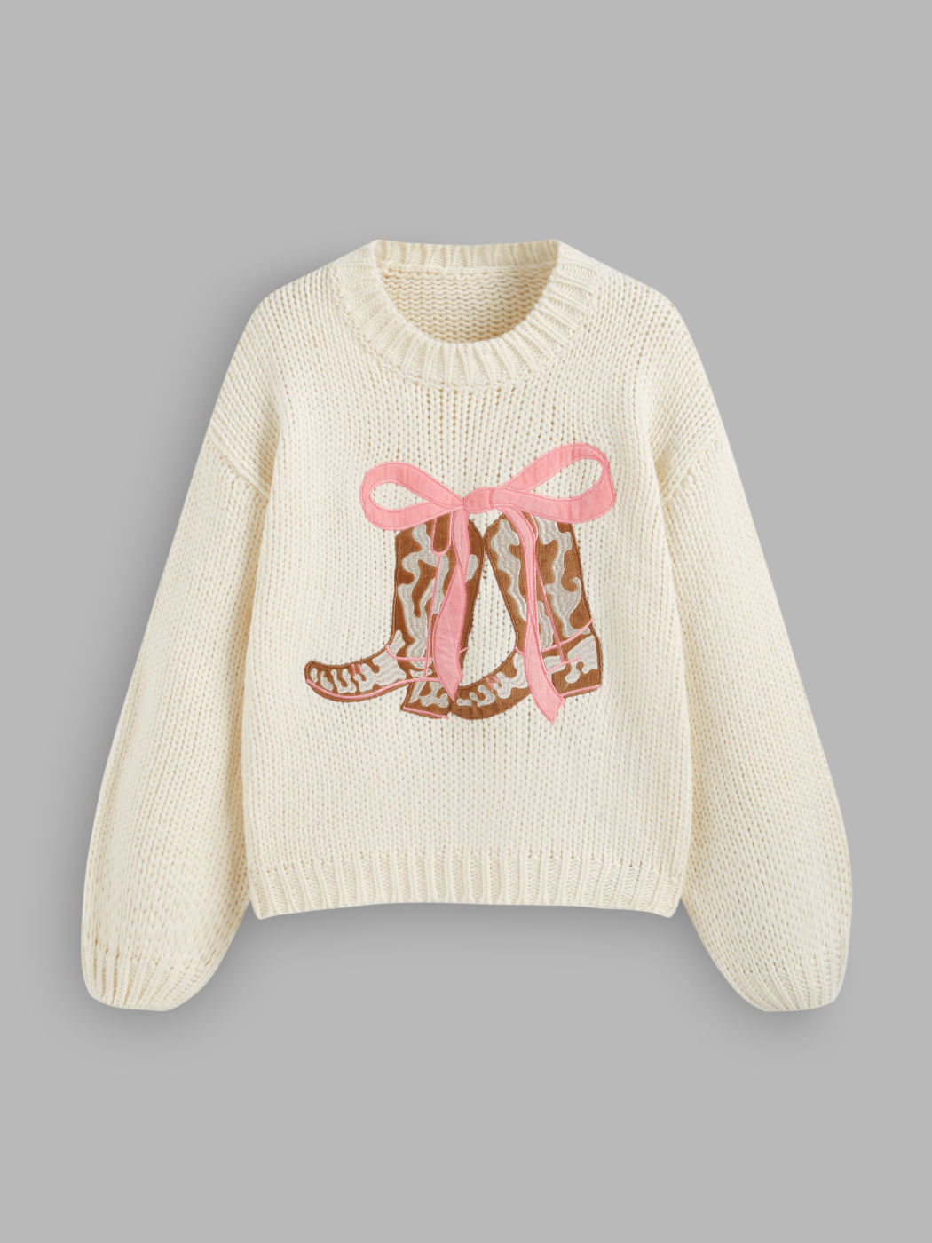 Knit Round Neckline Boots Bowknot Oversized Long Sleeve Top