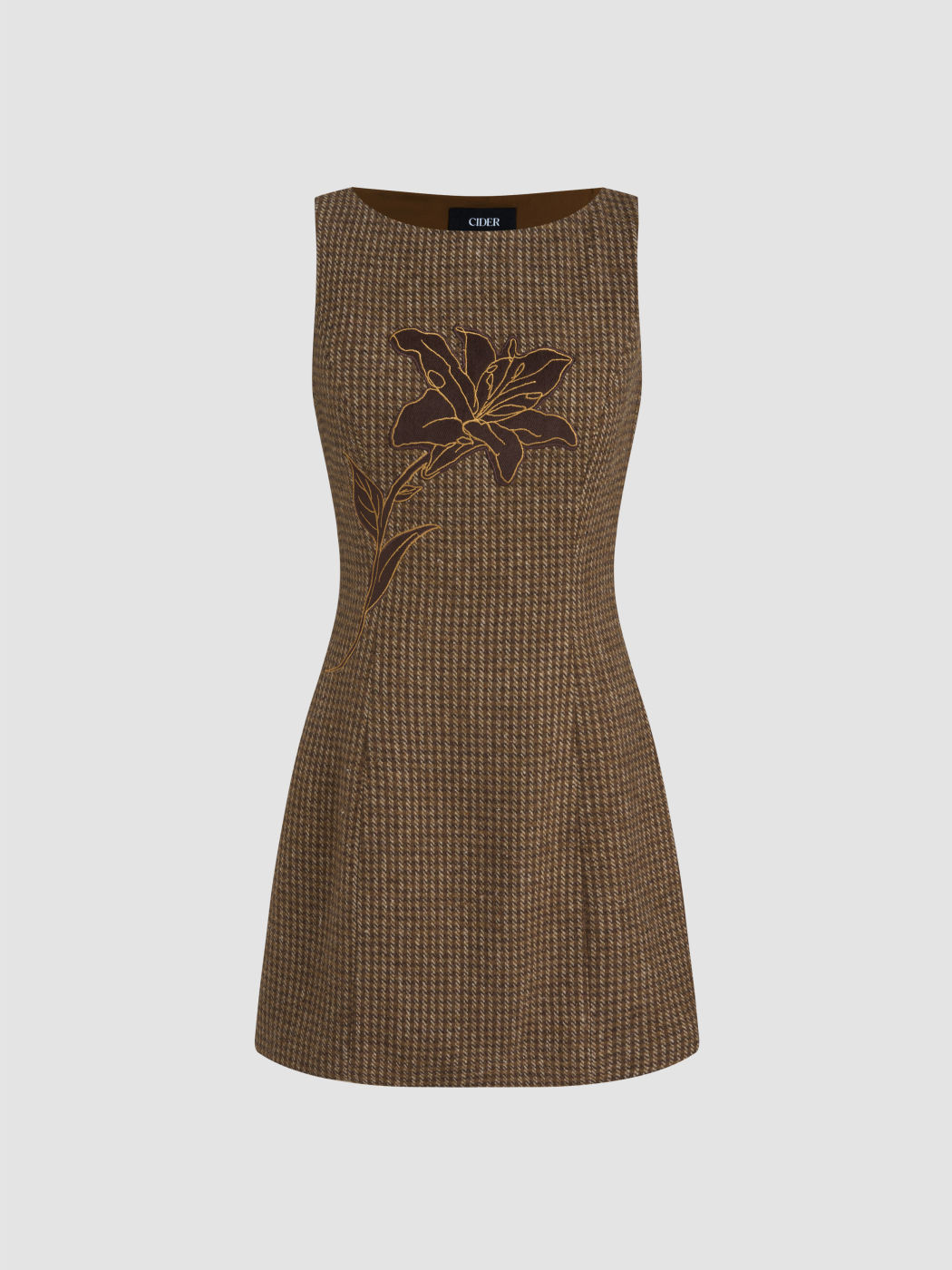 Boat Neck Houndstooth Floral Applique Mini Dress
