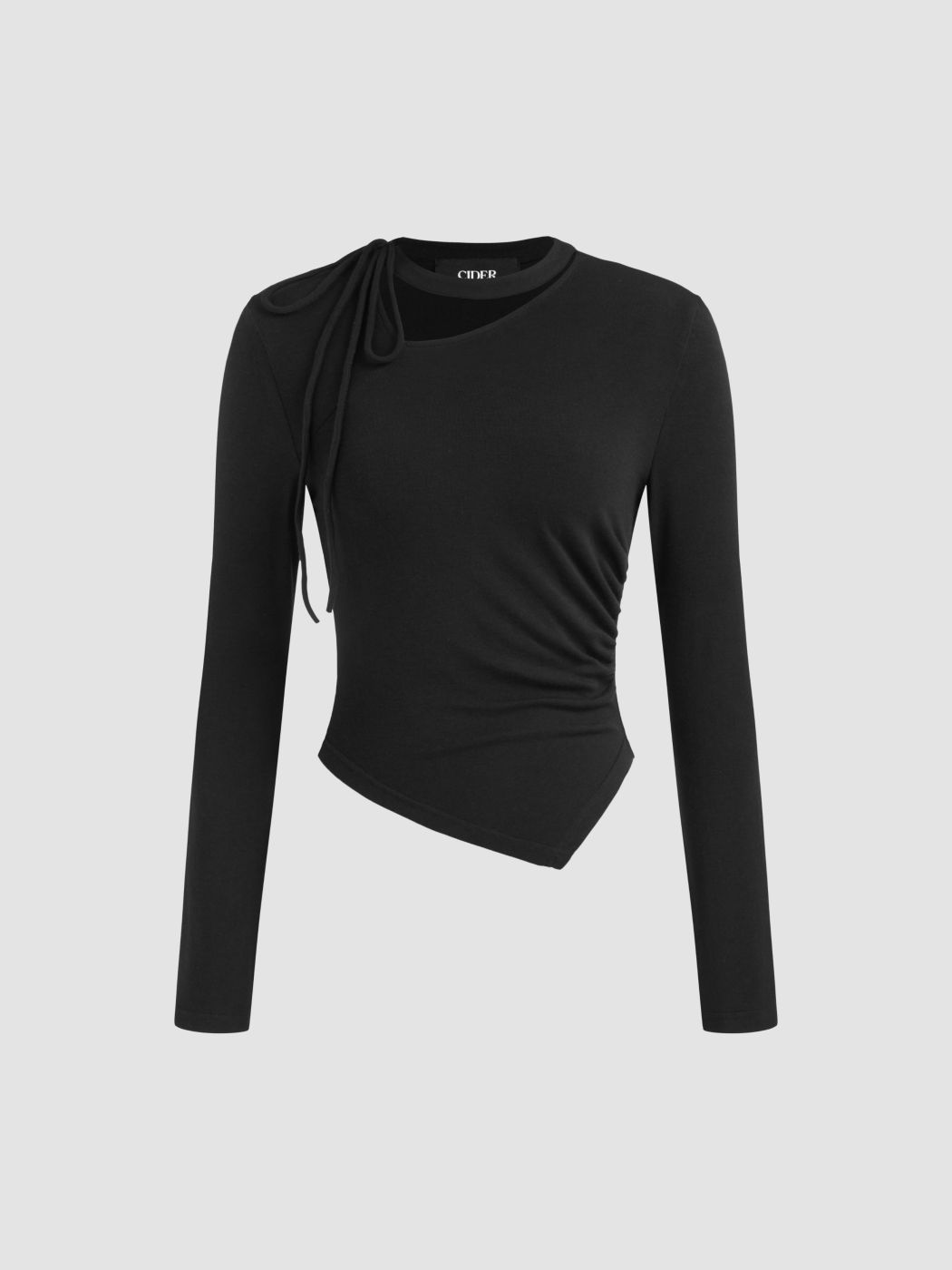 Asymmetrical Neck Ruched Knotted Long Sleeve Top