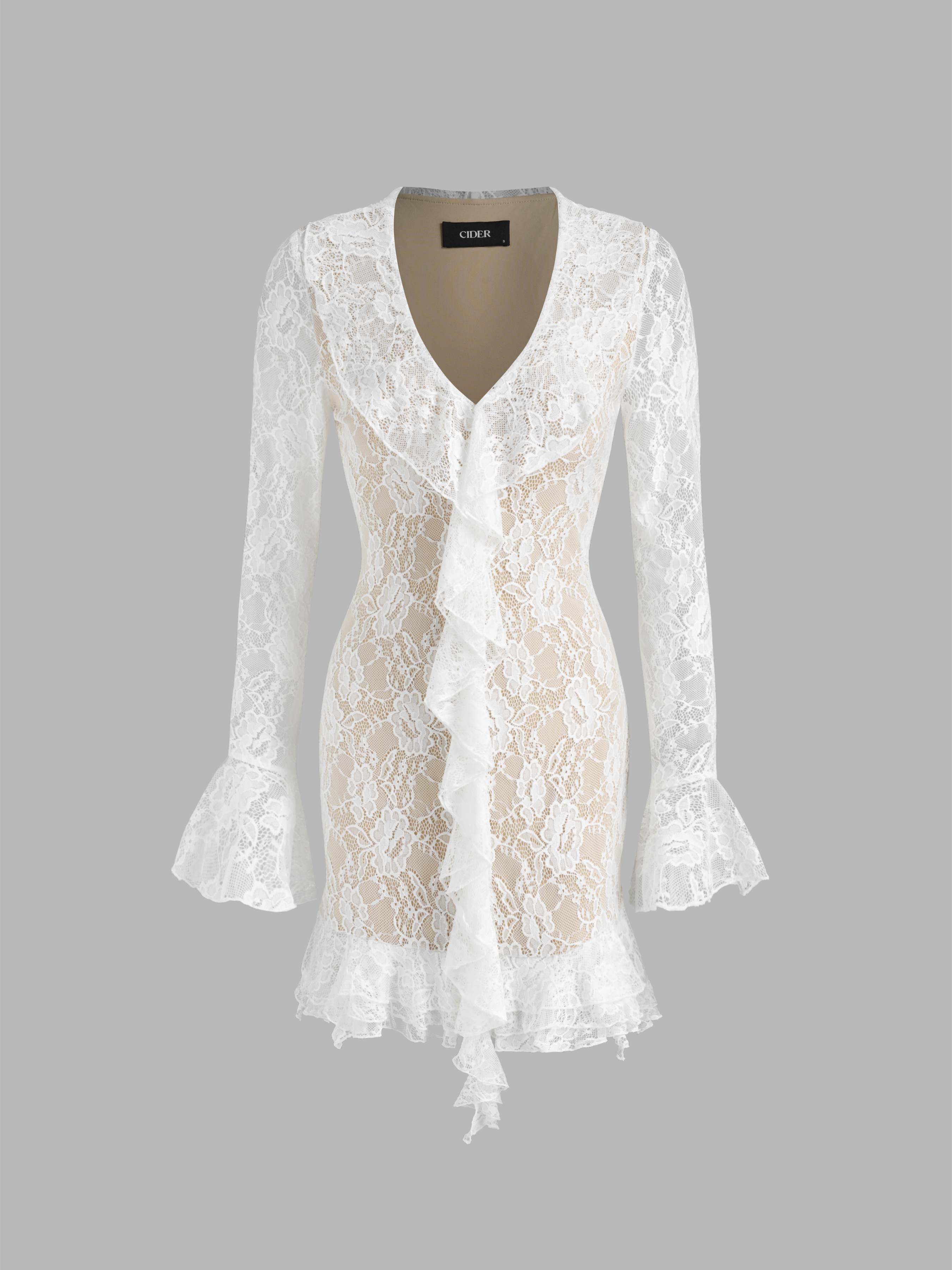 Lace Lace V-neck Asymmetrical Hem Bell Sleeve Mini Dress