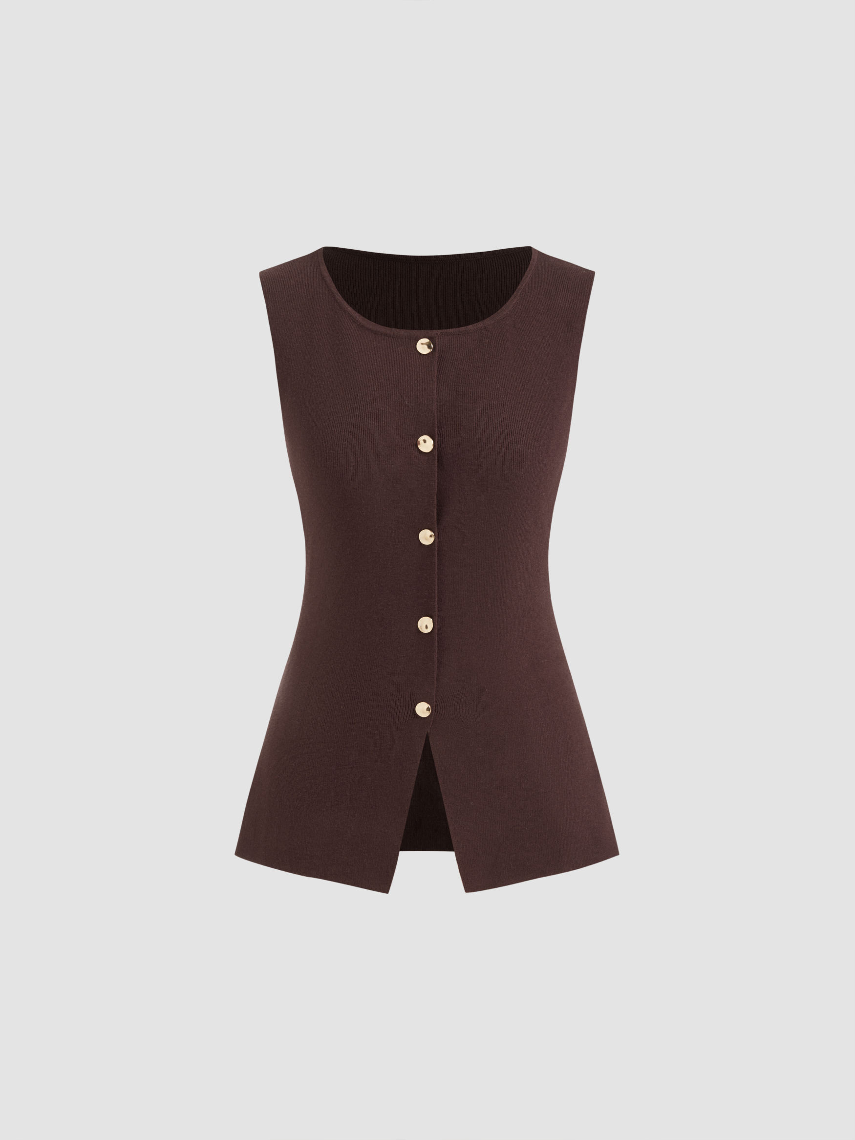 Knitted Boat Neck Solid Button Vest