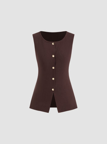 Knitted Boat Neck Solid Button Vest