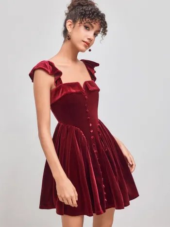 Samt Rüschen Reißverschluss Minikleid
