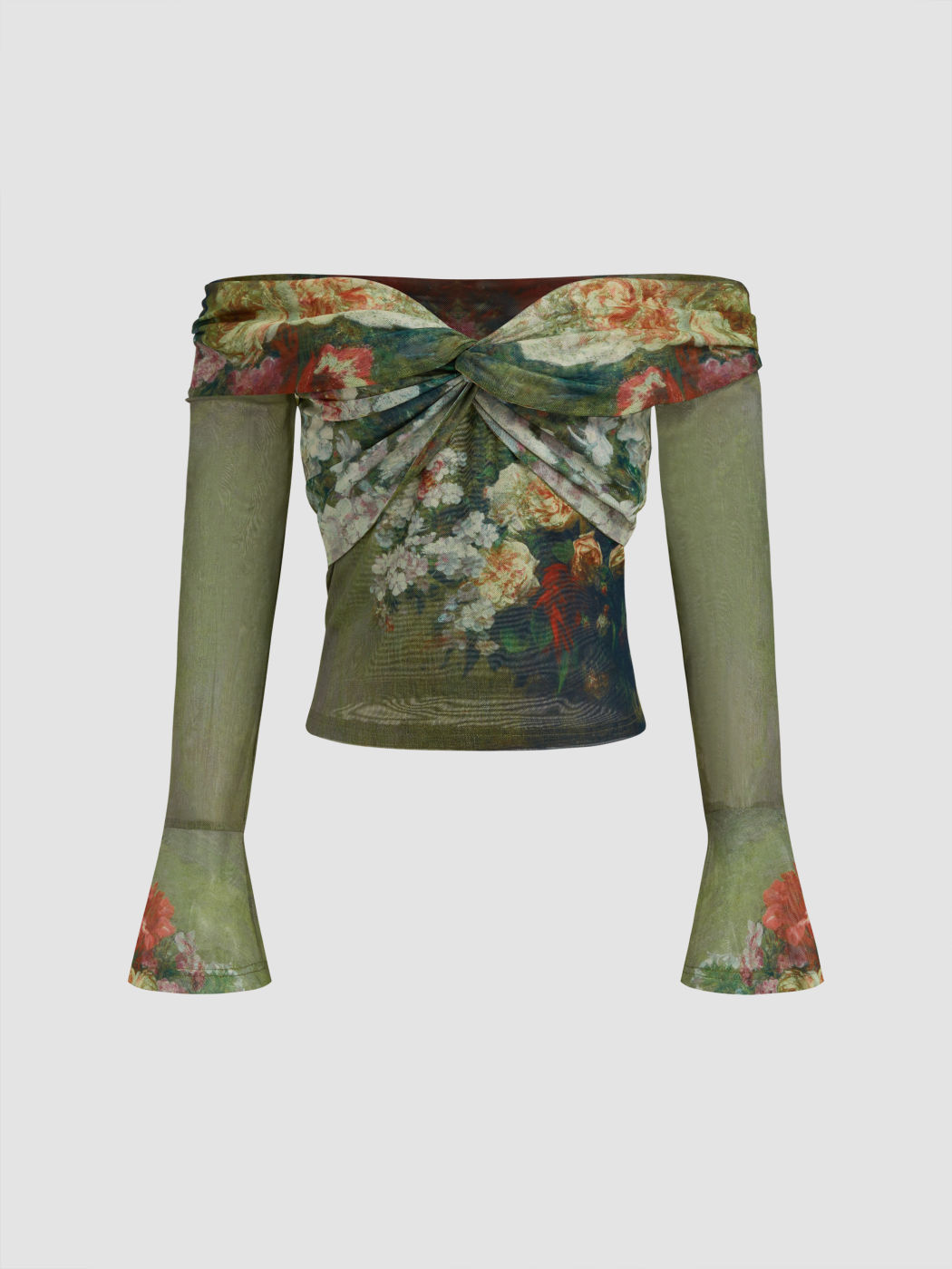 Mesh Off-shoulder Floral Twist Long Sleeve Top