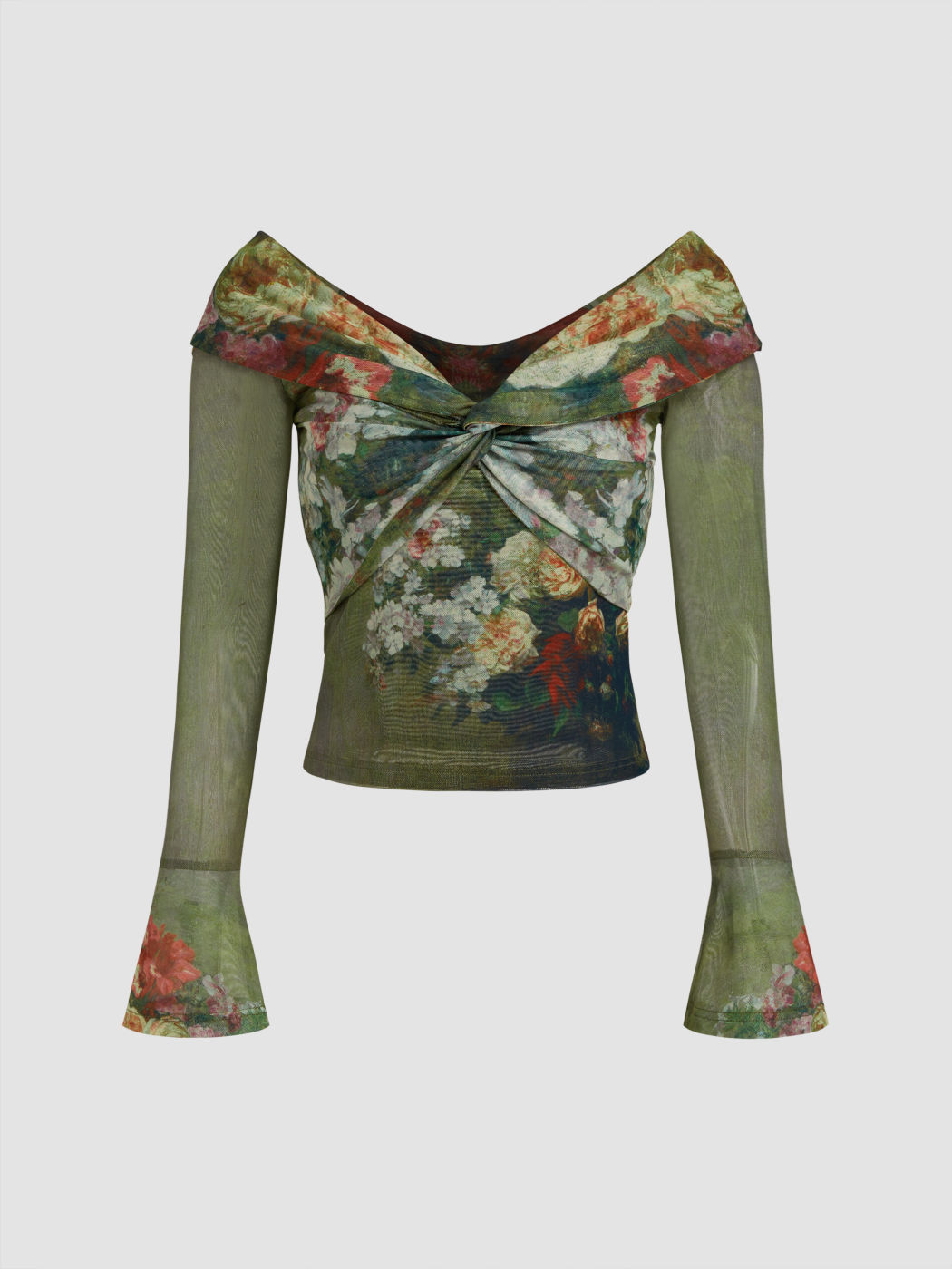 Mesh Off-shoulder Floral Twist Long Sleeve Top
