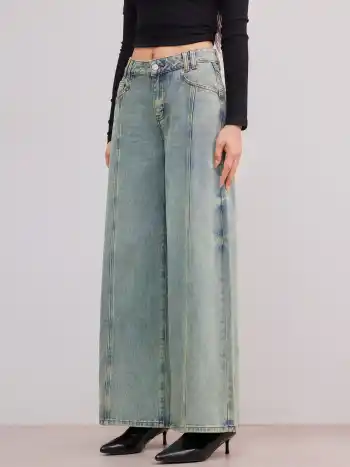 Denim Low Rise Solid Wide Leg Jeans
