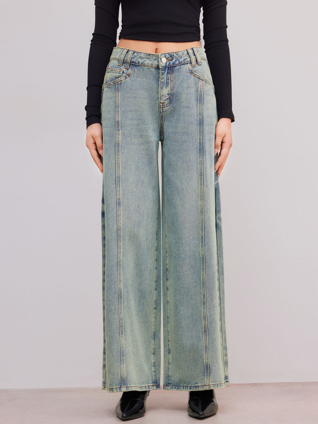 Denim Low Rise Solid Wide Leg Jeans